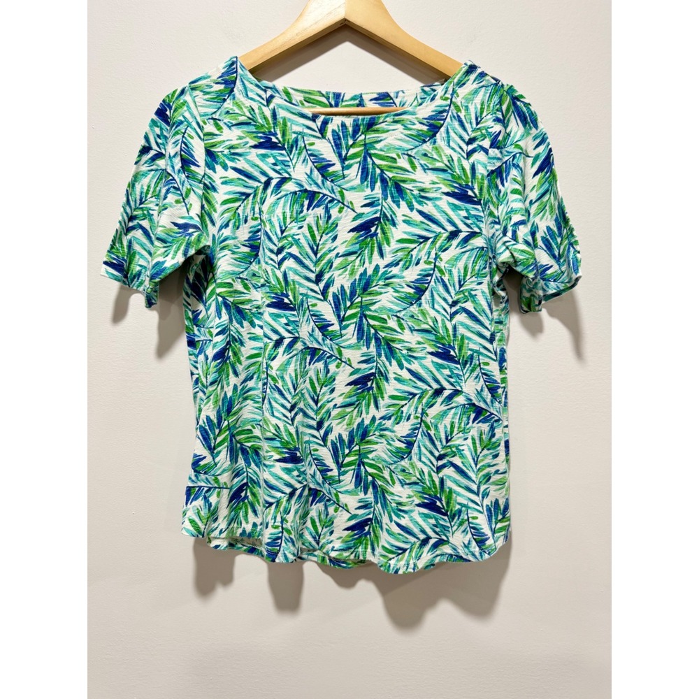 J. Jill Pima Slub Elbow Sleeve Tee Tropical Palm Print Green Blue Small